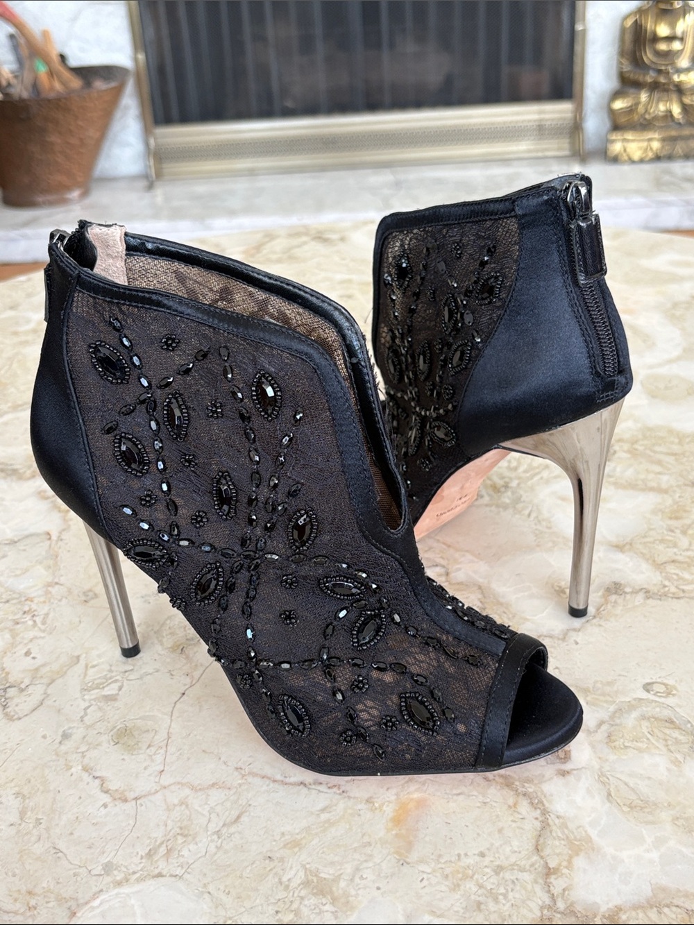 BCBGMAXAZRIA Deedie Black Beaded Lace Mesh Peep Toe Booties SilverStiletto Heel